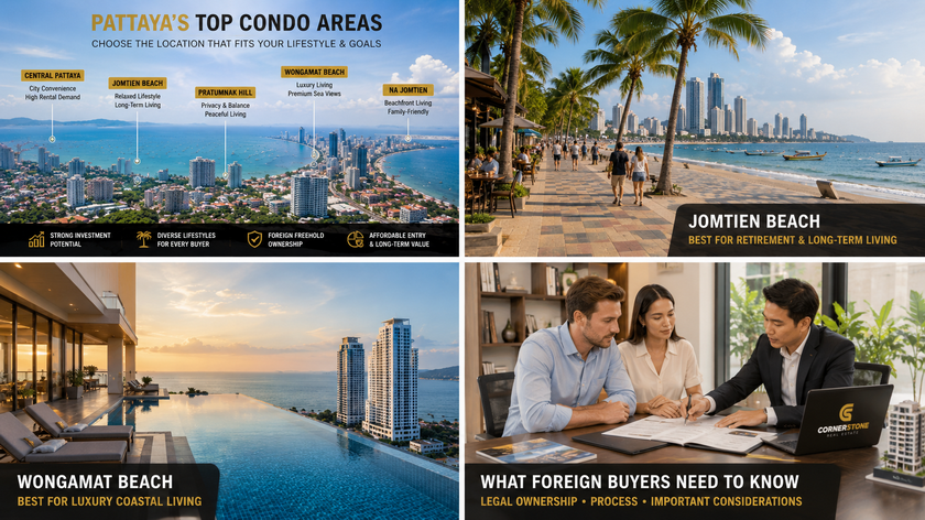 Aerial comparison of Pattaya's most popular condominium locations including Central Pattaya, Jomtien Beach, Pratumnak Hill, Wongamat, and Na Jomtien, highlighting the city's diverse lifestyle and investment opportunities.